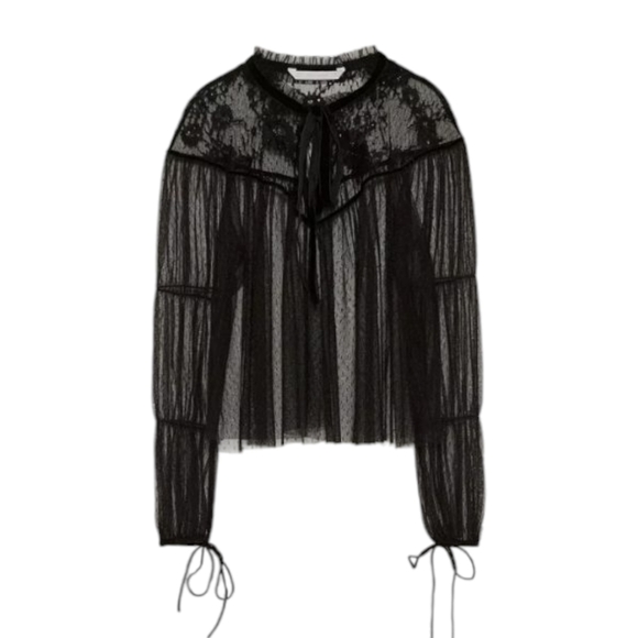 Zara Woman Embroidered sheer Tulle Top Witchy velvet Bow Black Size L - Picture 2 of 16